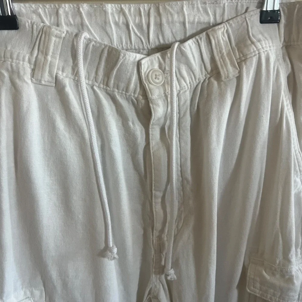 Roundtree & Yorke Pants Men 36x29 White Linen Blend Casuals Cargo Straight Resor